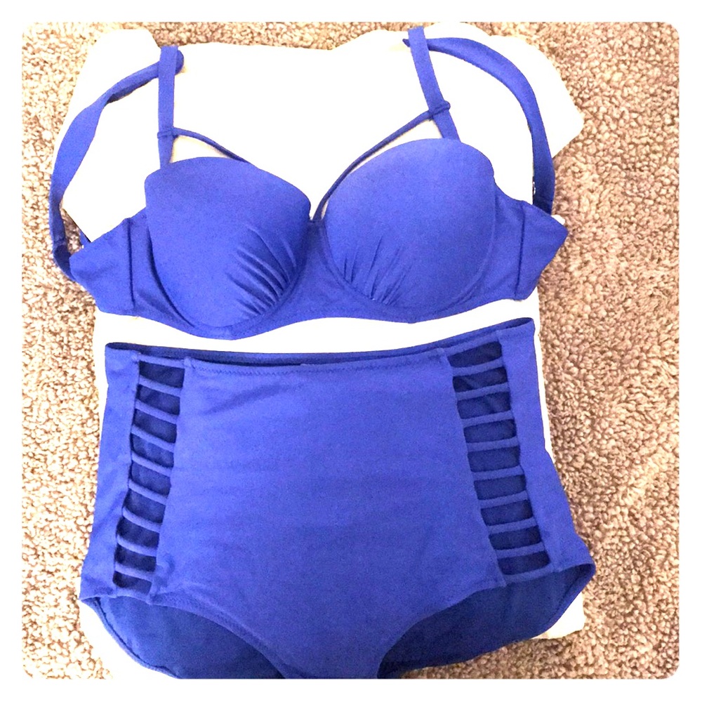 Blue high wasted bikini top/bottom set